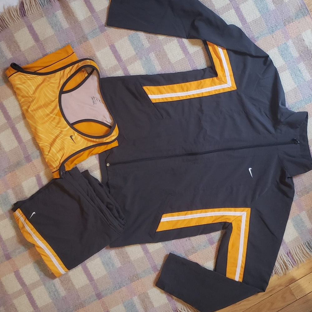 90s Vintage Nike Track Suit Set L Orange and Dark Gray with White mesh stripes